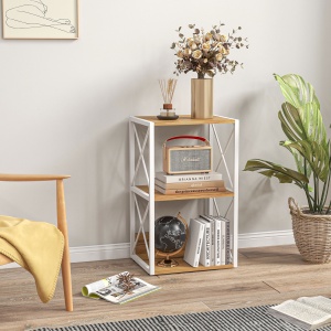 Mobilier Rastel Librarie 3 Rafturi cu Schelet in Otel Alb si Rafturi in Lemn 40x35x72.5cm - Img 2