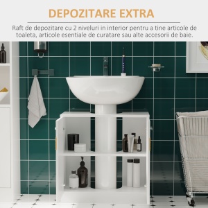 Mobilier Sub Chiuveta Baie, Mobilier Baie Sub Chiuveta cu Usi din MDF si Bambus, 60x30x60,5cm, Alb - Img 5