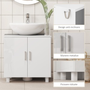 Mobilier Sub Chiuvetă pentru Baie cu 2 Uși, Raft Central, Mâner și Picioare Antiderapante, 60x35x60 cm, Alb Lucios - Img 7