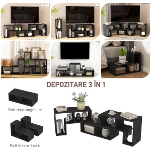 Mobilier TV 75" cu 2 Rafturi în Formă de L și Raft Dreptunghiular, 134-180x30,5x44 cm, Negru - Img 5