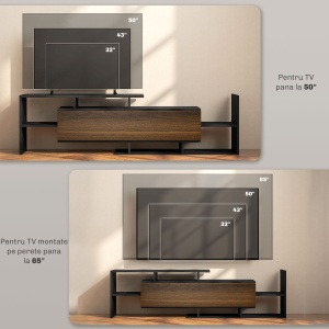 Mobilier TV cu Raft de Perete, Rafturi Deschise și Dulăpior din Lemn, 153,6x25x42 cm, Negru - Img 7