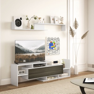 Mobilier TV cu Raft de Perete, Rafturi Deschise și Dulăpior din Lemn, Mobilier TV Modern, 153,6x25x42 cm, Alb - Img 2