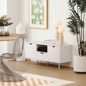 Mobilier TV de 50" cu Sertar, Raft Deschis și 2 Dulapuri, Mobilier TV cu 5 Picioare din Lemn, 110x40x50 cm, Alb - Img 7