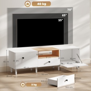 Mobilier TV, Suport TV până la 70" cu 2 Uși Rabatabile, Balamale Soft Close, Sertar, Raft Deschis, 8 Picioare, 150x35x45 cm, Alb și Lemn - Img 3