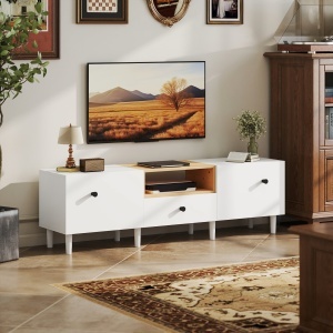 Mobilier TV, Suport TV până la 70" cu 2 Uși Rabatabile, Balamale Soft Close, Sertar, Raft Deschis, 8 Picioare, 150x35x45 cm, Alb și Lemn - Img 8