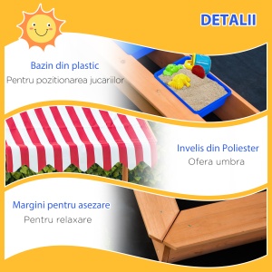 Nisipar din Lemn pentru Copii cu Copertina Reglabila in Inaltime, 107.5x107.5x110cm - Img 6
