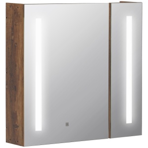 Oglindă de Baie cu Lumini LED Reglabile, Dulap de Baie cu 2 Uși cu Oglindă și Raft Reglabil, 70x15x65 cm, Maro - Img 1