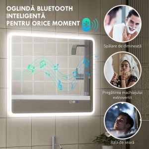 Oglindă de baie LED bluetooth 70 x 90 cm interruptor tactil lumină reglabilă 3 culori anti-abur memorie argintiu - Img 5