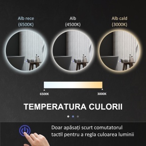 Oglinda de Baie Rotunda cu Lumina LED in 3 Culori si intrerupatoare Touch, Ø70x3.5 cm, Transparent - Img 6