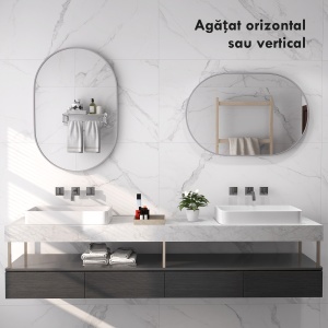 Oglindă Ovală pentru Baie, Oglindă Modernă de Perete cu Rama din Aluminiu și Montaj Vertical sau Orizontal, 60x90 cm, Argintiu - Img 6