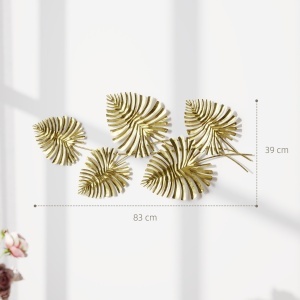 Operă de Artă Murală cu 5 Frunze de Monstera din Metal Auriu cu Accesorii de Montaj Incluse, 83x2.5x39 cm - Img 3