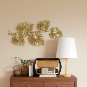 Operă de Artă Murală cu 5 Frunze de Monstera din Metal Auriu cu Accesorii de Montaj Incluse, 83x2.5x39 cm - Img 8