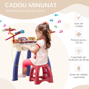 Orga Pian pentru Copii cu Set de Tobe Instrument Muzical Electronic cu Sunete Multiple Lumini Microfon Taburet pentru Fete si Baieti - Img 7