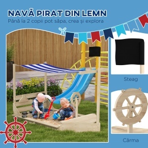 Outusunny Nisipar din Lemn pentru Copii cu Capac, Ladă de Nisip pentru Exterior cu Set de Joacă Inclus, 180x103x144,5 cm, Lemn Natural - Img 4