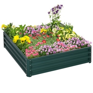 Pat de Gradina Suprainaltat 120x120x30cm Galvanizat, Pat Suprainaltat pentru Plante cu Cadru din Otel pentru Legume, Flori, Plante si Ierburi, Verde - Img 1