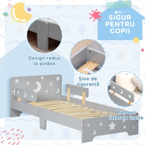 Pat pentru copii 3-6 ani cu stele si luna din MDF si PAL, 143x76x49 cm, culoare gri si lemn - Img 5