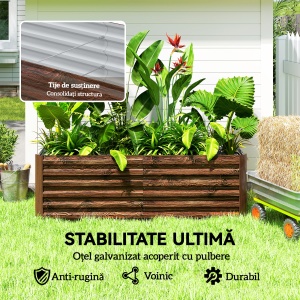 Pat pentru Grădină Ridicat cu Fund Deschis și Bare de Suport, Ghiveci din Oțel Zincat pentru Flori și Legume, pentru Balcon sau Grădină, 180x90x57,5 cm, Maro Închis - Img 5