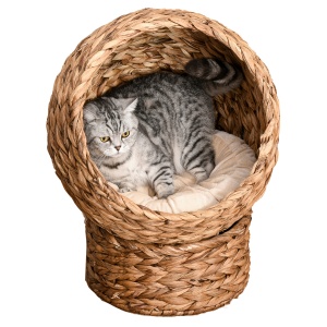 Pat pentru Pisici din Nuiele cu Perna din Bumbac Maro si Alb 42 x 33 x 52 cm - Img 1
