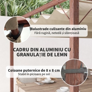 Pergolă de Grădină cu Acoperiș Retractabil și Cadru din Aluminiu cu Aspect de Lemn, 382x300x232 cm, Lemn Natural - Img 5