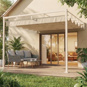 Pergolă de perete pentru grădină 3x3 m cu acoperiș retractabil, protecție UPF30+, drenaj, pavilion de grădină pentru exterior, bej - Img 5