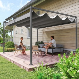 Pergolă Gazebo 4x3 m cu Acoperiș Retractabil, Orificii de Drenaj, Țepușe și Șuruburi, Pergolă pentru Grădină din Poliester și Metal, Gri Închis - Img 2