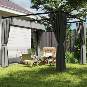 Pergolă Retractabilă 3x3 m, Foișor de Grădină cu Perdele, pentru Grătar, Terasă, Deck, Bej - Img 9