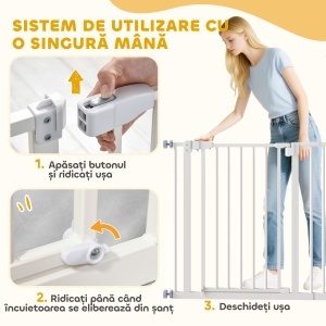 Poartă Extensibilă pentru Câini cu Montare prin Presiune, Barieră Închidere Automată și Extensie, 86x76.2 cm, Alb - Img 6