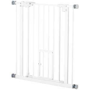Poartă Reglabilă pentru Câini cu Ușă și Montare prin Presiune, Barieră cu Închidere Automată, 74-80x76.2 cm, Alb - Img 9