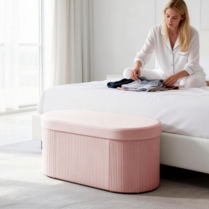 Pouf pliabil cu spațiu de depozitare modern, tapițat cu catifea, 72L, pentru living și dormitor, 76x38x35 cm, Roz - Img 8