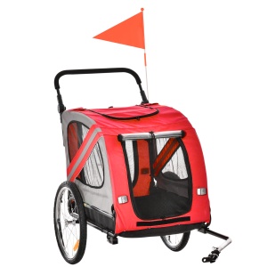Remorca de bicicleta pentru caini 2-in-1 Carucior animal de companie Carucior bicicleta Atas de calatorie cu cadru de otel cu reflectoare universale de roti si steag rosu - Img 1