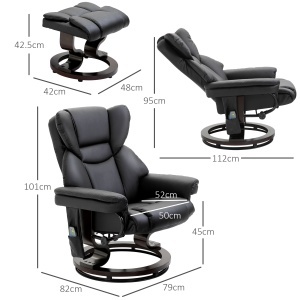 Scaun cu Puf Suport pentru Picioare și Funcție de Masaj, Reclinabil la 145° și Rotativ la 360°, Negru - Img 3
