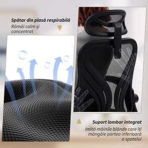 Scaun de Birou Ergonomic cu Brațe Rabatabile și Spătar Pliabil, Scaun pentru Birou cu Funcție de Balansare, Tetieră Reglabilă, Rotativ, Negru - Img 5