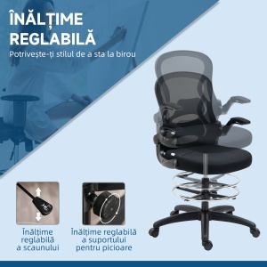Scaun de Birou Ergonomic, Scaun Rotativ din Plasă, Reglabil pe Înălțime cu Suport pentru Picioare și Cotiere Rabatabile, Capacitate 120kg, Negru - Img 4