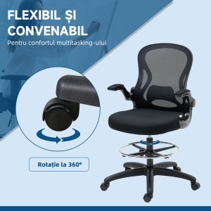 Scaun de Birou Ergonomic, Scaun Rotativ din Plasă, Reglabil pe Înălțime cu Suport pentru Picioare și Cotiere Rabatabile, Capacitate 120kg, Negru - Img 8