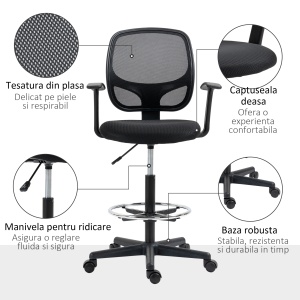 Scaun de birou reglabil pe inaltime cu cotiere, roti pivotante si scaun captusit cu cauciuc spuma, 60x56x110-132cm, negru - Img 7