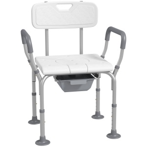 Scaun de Dus 3 in 1 cu Spatar si Brate, Toaleta langa Pat cu Inaltime Reglabila, Scaun de Toaleta Ridicat cu Placuta de Picior pentru Seniori, Femei Insarcinate, Persoane cu Dizabilitati, Alb