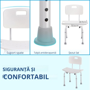 Scaun de Duș Antiderapant cu Spătar și Înălțime Reglabilă pe 8 Poziții, 50,6x43x71-88 cm, Alb - Img 5