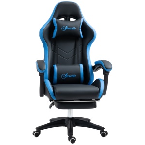 Scaun de gaming din piele ecologica PU si otel cu inaltime reglabila si spatar inclinabil, 65x65x121-129 cm, albastru si negru - Img 1