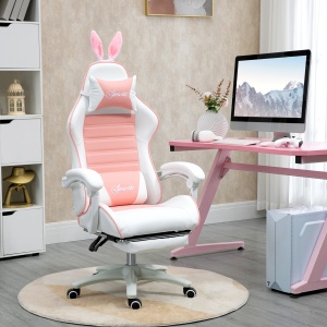 Scaun de Gaming Ergonomic cu Urechi de Iepure și Suport pentru Picioare Extensibil, 65x63x136-142 cm, Roz - Img 2