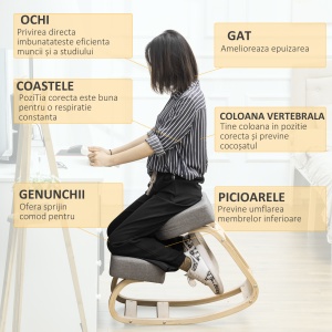 Scaun ergonomic din lemn cu perna captusita din spuma de cauciuc, 51x69x58, Gri - Img 5