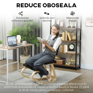 Scaun Ergonomic pentru Genunchi din Țesătură cu Aspect de In și Lemn de Mesteacăn, Negru - Img 6