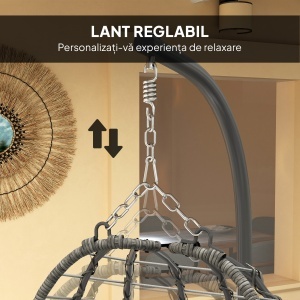 Scaun suspendat tip ou din ratan cu pernă și tetieră, înălțime reglabilă și șezut pliabil, gri - Img 7