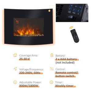 Șemineu Electric Încălzire 900-1800W Flacără 7 Culori și Telecomandă Negru - Img 5