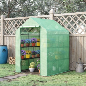 Sera de gradina cu rafturi, protectie din PE si usa care se ruleaza, 143L x 138l x 190H cm, verde - Img 2