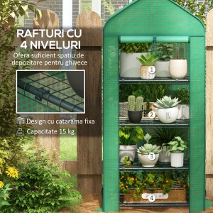 Seră de Grădină în 4 Niveluri cu Ușă Rulantă, Seră Mica din Metal & PE, 69x49x158 cm, Verde Închis - Img 6