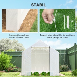 Seră de Grădină Tip Tunel 2x3x2 m cu Uși și Ferestre Rulabile, Seră pentru Grădină cu Acoperiș Înclinat, Structură din Oțel și Acoperire din Polietilenă, pentru Grădină, Verdețuri, Flori, Fructe, Anti-UV, Alb - Img 6