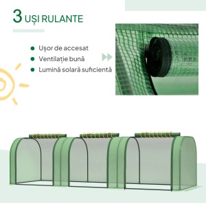 Sera de Gradina tip Tunel din Otel si Plastic PP cu Usi care se Ruleaza 295x100x80 cm, Verde - Img 7