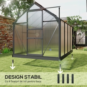 Seră din Policarbonat, Cadru de Aluminiu pentru Exterior, Ușă Glisantă și Ventilare, 6.2'x8.3'x6.6' Gri - Img 6