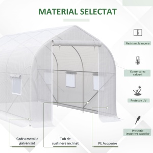Seră Tip Tunel Anti-UV cu 6 Ferestre cu Plasă și Intrare Rulabilă, Metal și PE, 4x2x2 m, Alb - Img 4