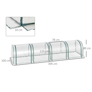 Sera tip tunel din otel si folie PVC impermeabila si anti-UV cu 4 usi cu fermoar, 395x100x80 cm, verde inchis si transparenta - Img 3